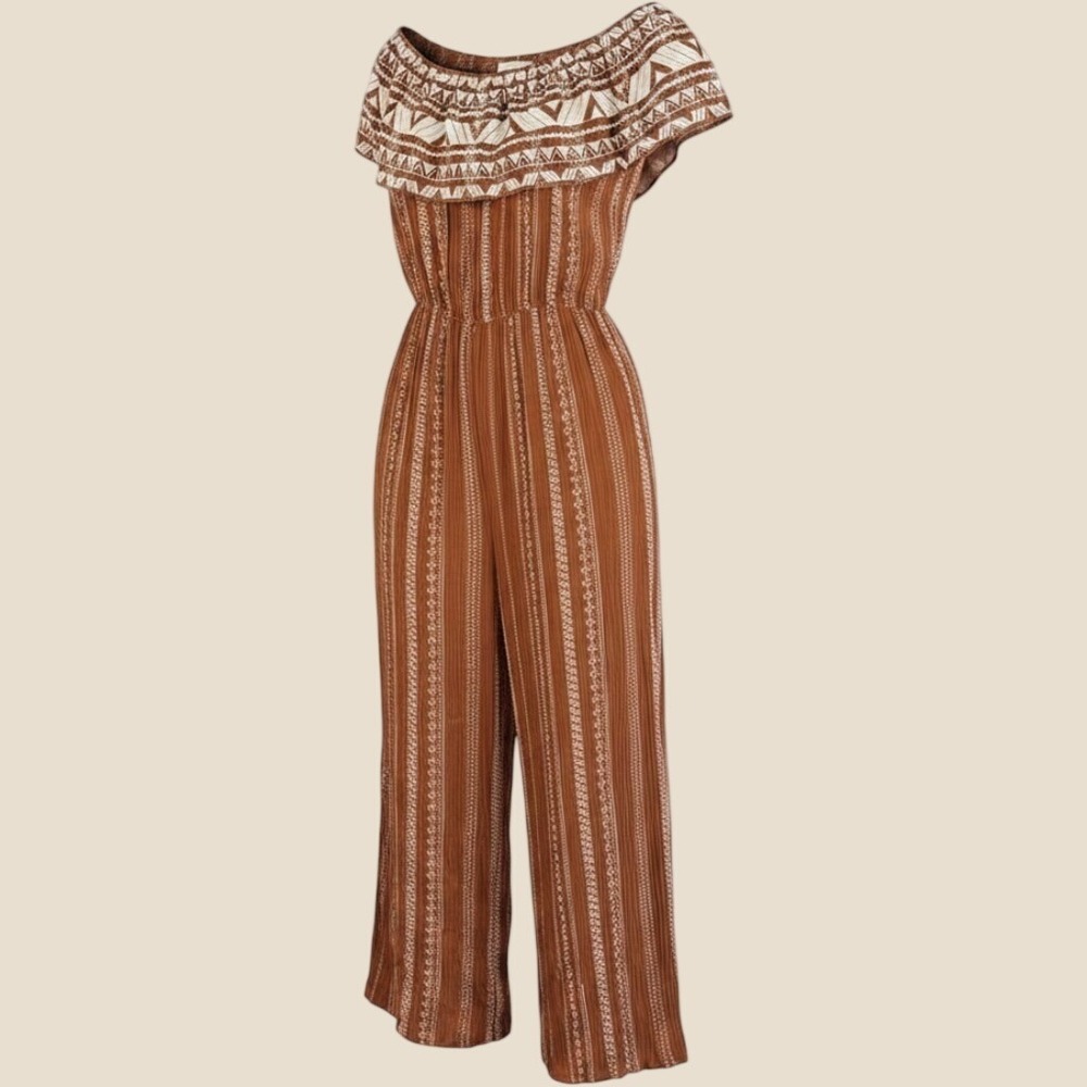 Savanna Jane Jumpsuit Womens Medium Brown Embroidered Wide Leg Boho Aztec Tribal